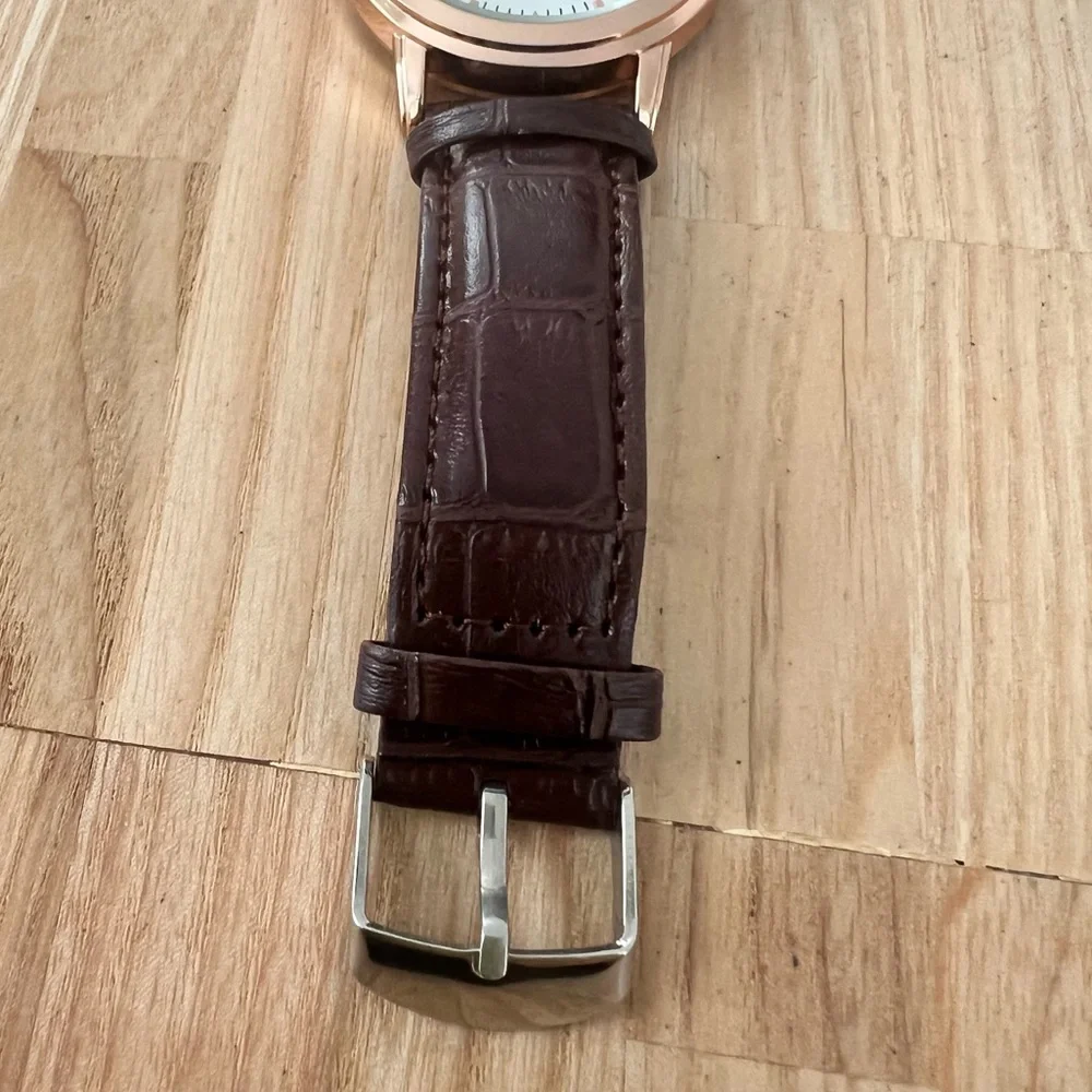 NIB Mreurio mens rose gold tone brown leather dress watch NEW BATTERY